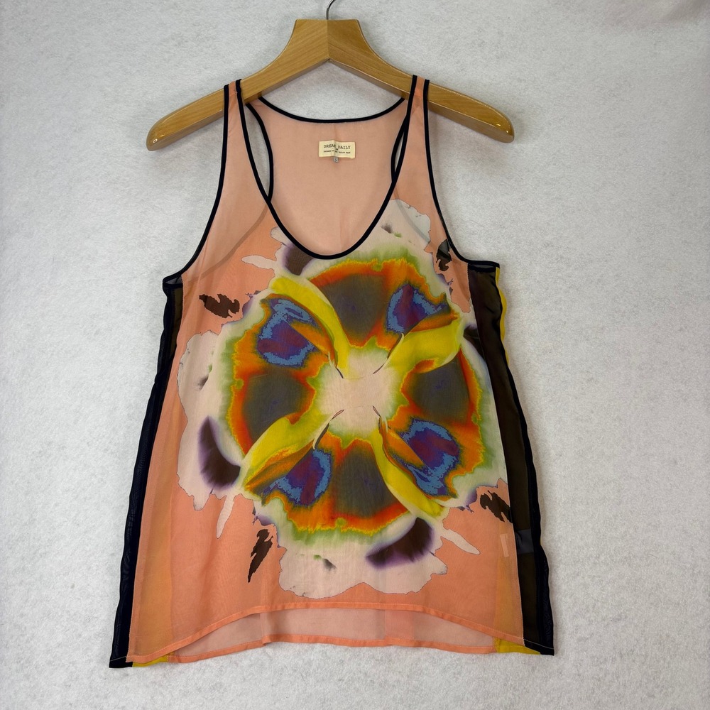 Dream Daily Peach Floral Graphic Sheer Chiffon Tank Top Size L Artistic‎ Flowy